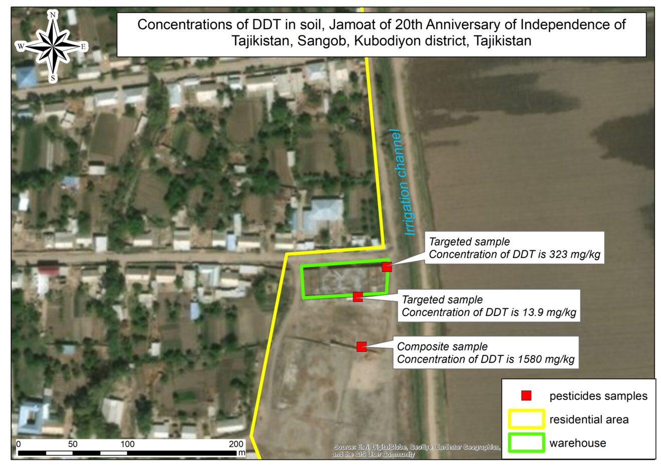 Concentrations of DDT in soil, Sangoba, Tajikistan, map by Environmental Health and Pollution Management Institute, EHPMI, Peshsaf