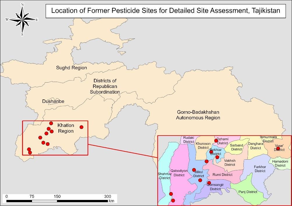 Location of Preliminary site assessments, in Tajikistan, map by Environmental Health and Pollution Management Institute, EHPMI, Peshsaf