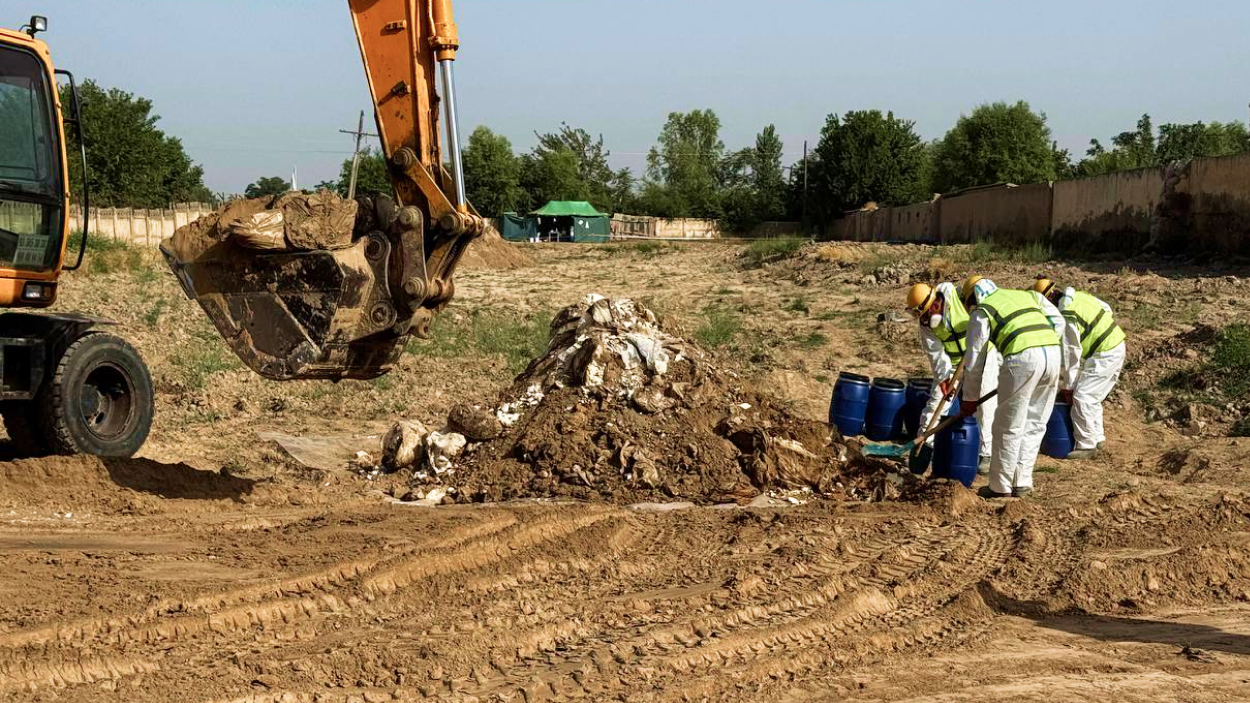 Workers filling drums with pesticides from the pile