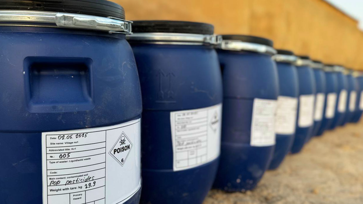 Filled and labelled drums before transportation to Vakhsh